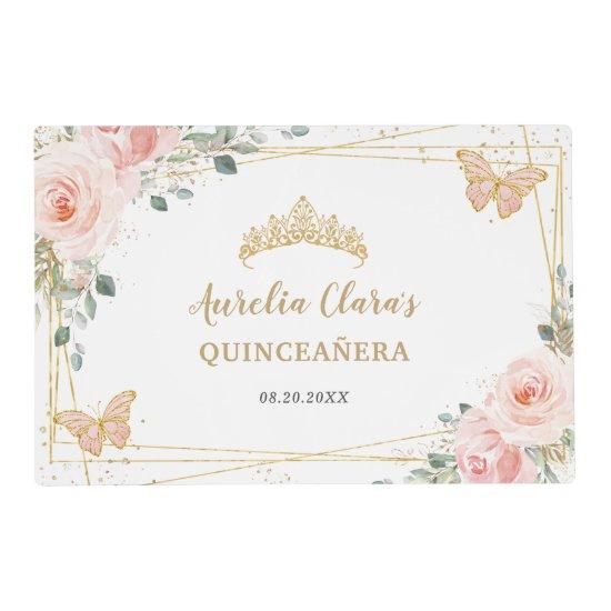 Quinceañera Blush Pink Rose Floral Butterfly Crown Placemat