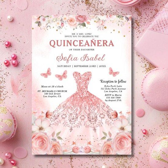Quinceañera Blush Pink Rose Floral Butterfly