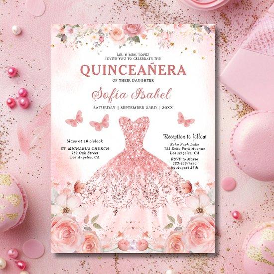 Quinceañera Blush Pink Rose Floral Butterfly