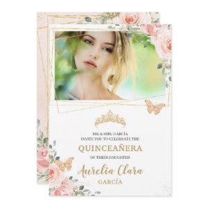 Quinceañera Blush Pink Rose Floral Butterfly Photo