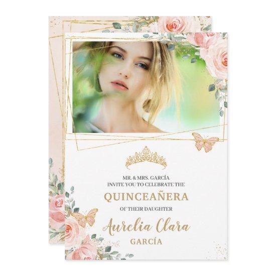 Quinceañera Blush Pink Rose Floral Butterfly Photo