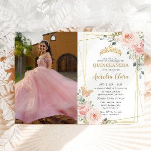 Quinceañera Blush Pink Rose Floral Butterfly Photo