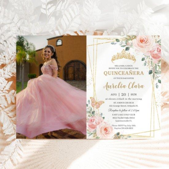 Quinceañera Blush Pink Rose Floral Butterfly Photo