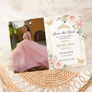 Quinceañera Blush Pink Rose Floral Butterfly Photo Save The Date