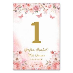 Quinceañera Blush Pink Rose Floral Butterfly Table Number
