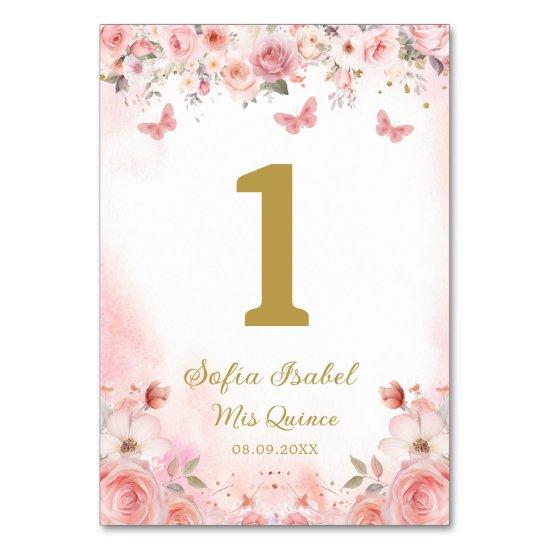 Quinceañera Blush Pink Rose Floral Butterfly Table Number