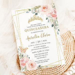 Quinceañera Blush Pink Rose Floral Butterfly Tiara