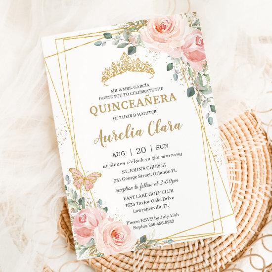 Quinceañera Blush Pink Rose Floral Butterfly Tiara