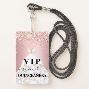 Quinceanera blush pink rose glitter dust name vip badge