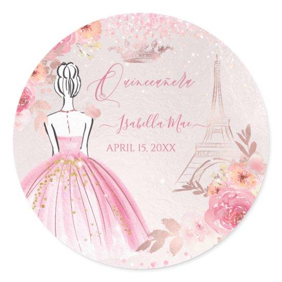 Quinceanera Blush Pink Rose Gold Eiffel Tower Classic Round Sticker