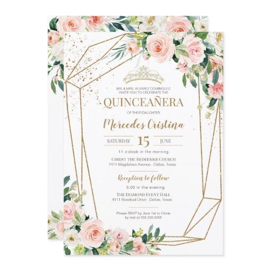 Quinceanera Blush Pink Roses and Gold Pearl Tiara