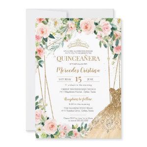 Quinceanera Blush Pink Roses and Gold Pearl Tiara