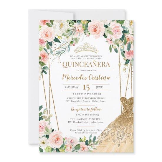 Quinceanera Blush Pink Roses and Gold Pearl Tiara