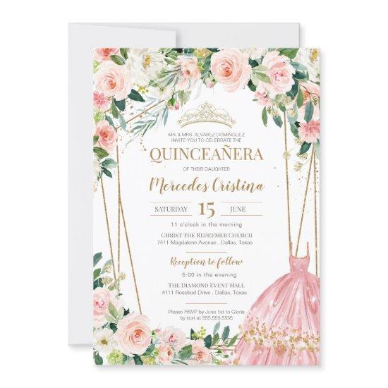 Quinceanera Blush Pink Roses and Gold Pearl Tiara