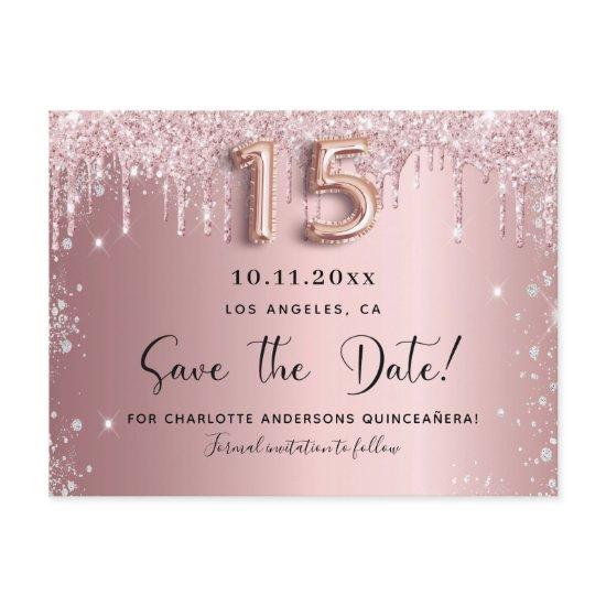 Quinceanera blush pink silver dust save the date announcement postcard