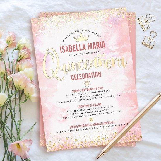Quinceañera Blush Pink Watercolor Crown Real Gold  Foil