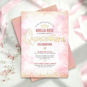 Quinceañera Blush Pink Watercolor Crown Real Gold  Foil