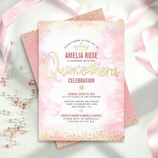 Quinceañera Blush Pink Watercolor Crown Real Gold  Foil