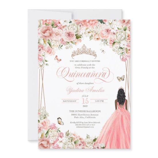 Quinceanera Blush Pink White Floral & Butterfly In
