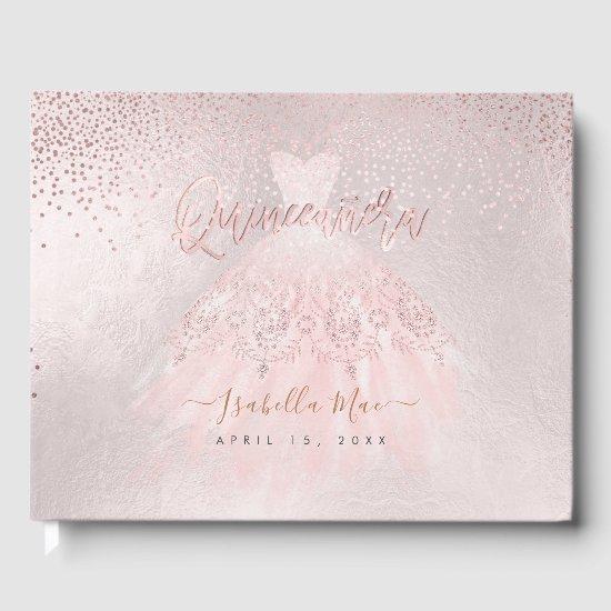 Quinceanera Blush Princess Glitter Gown+Confetti Guest Book