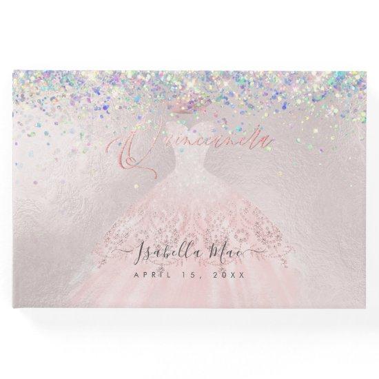 Quinceanera Blush Princess Glitter Gown Confetti Guest Book