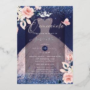 Quinceanera Blush Roses Silver Foil Crown Navy Foil