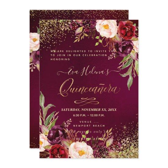 Quinceañera, Blush Watercolor Flowers DIY Burgundy