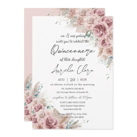 Quinceañera Boho Blush Dusty Rose Floral Pampas