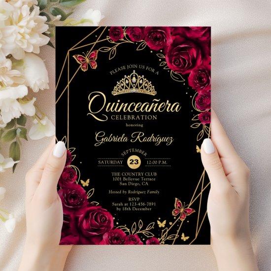 Quinceanera Burgundy Black Gold Floral