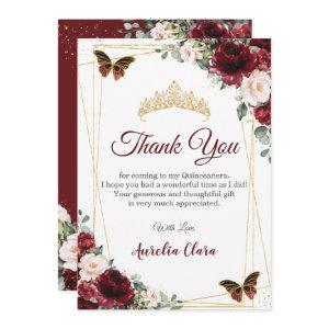 Quinceañera Burgundy Blush Floral Butterflies  Thank You Card