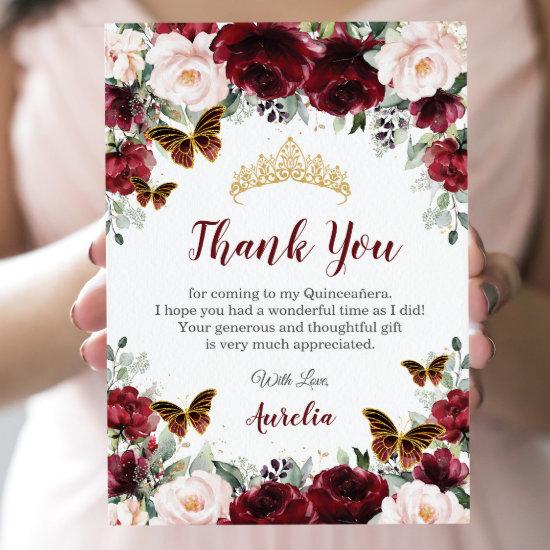 Quinceañera Burgundy Blush Floral Butterflies  Thank You Card