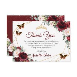 Quinceañera Burgundy Blush Floral Butterflies  Thank You Card