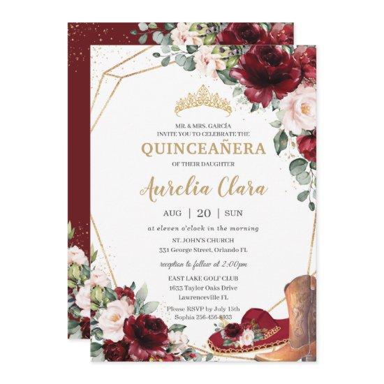 Quinceañera Burgundy Blush Floral Charro Hat Boot