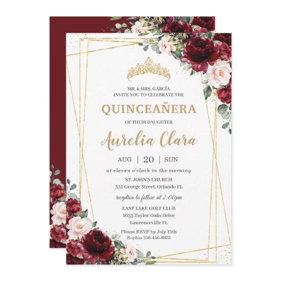 Quinceañera Burgundy Blush Floral Geometric Gold