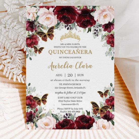 Quinceañera Burgundy Blush Floral Gold Butterflies