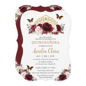 Quinceañera Burgundy Blush Floral Gold Crown