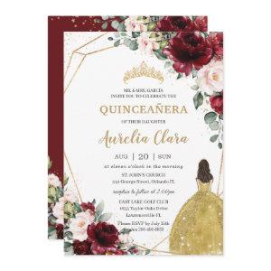 Quinceañera Burgundy Blush Floral Gold Dress Crown