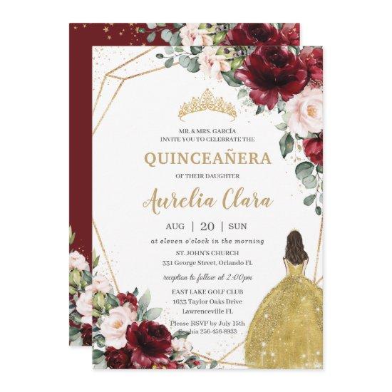 Quinceañera Burgundy Blush Floral Gold Dress Crown