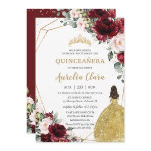 Quinceañera Burgundy Blush Floral Gold Dress Crown