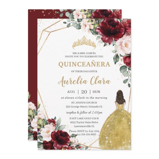 Quinceañera Burgundy Blush Floral Gold Dress Crown