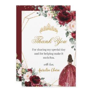 Quinceañera Burgundy Blush Floral Gold Princess  Thank You Card
