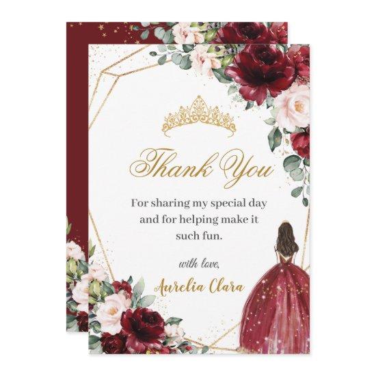 Quinceañera Burgundy Blush Floral Gold Princess  Thank You Card