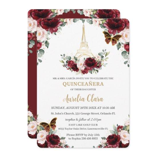 Quinceañera Burgundy Blush Floral Paris Butterfly