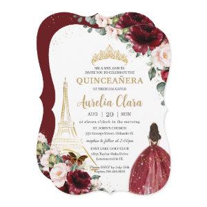 Quinceañera Burgundy Blush Floral Paris Gold Crown