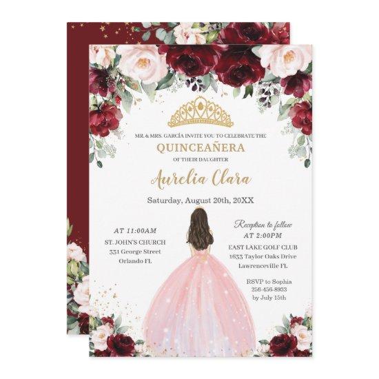 Quinceañera Burgundy Blush Floral Pink Dress Crown