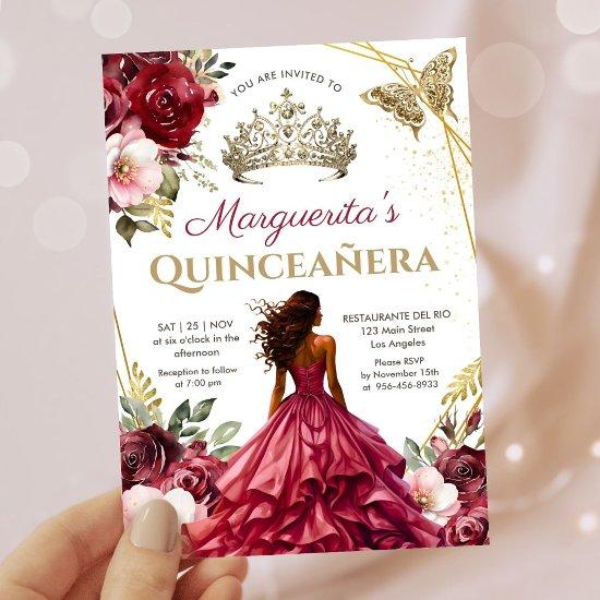 Quinceañera Burgundy Blush Floral Princess Tiara