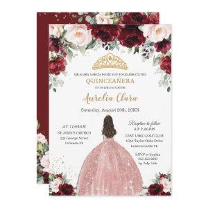 Quinceañera Burgundy Blush Floral Rose Gold Dress