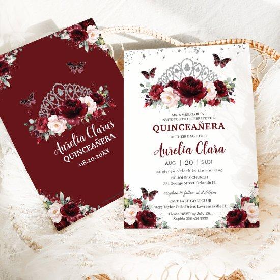 Quinceañera Burgundy Blush Floral Silver Crown