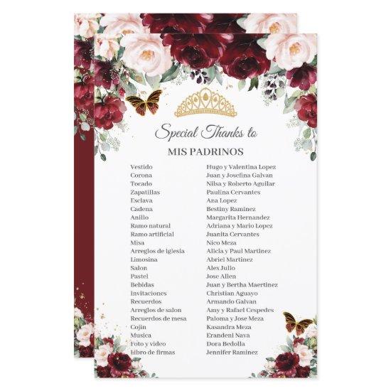 Quinceañera Burgundy Blush Floral Thanks Padrinos