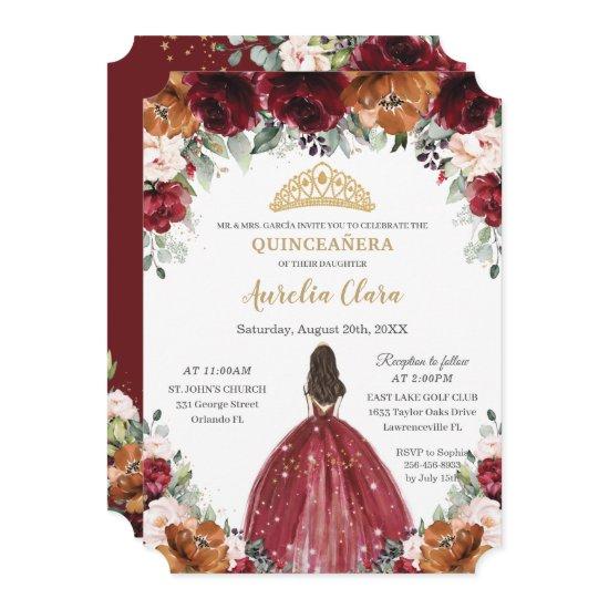 Quinceañera Burgundy Blush Rust Floral Princess In